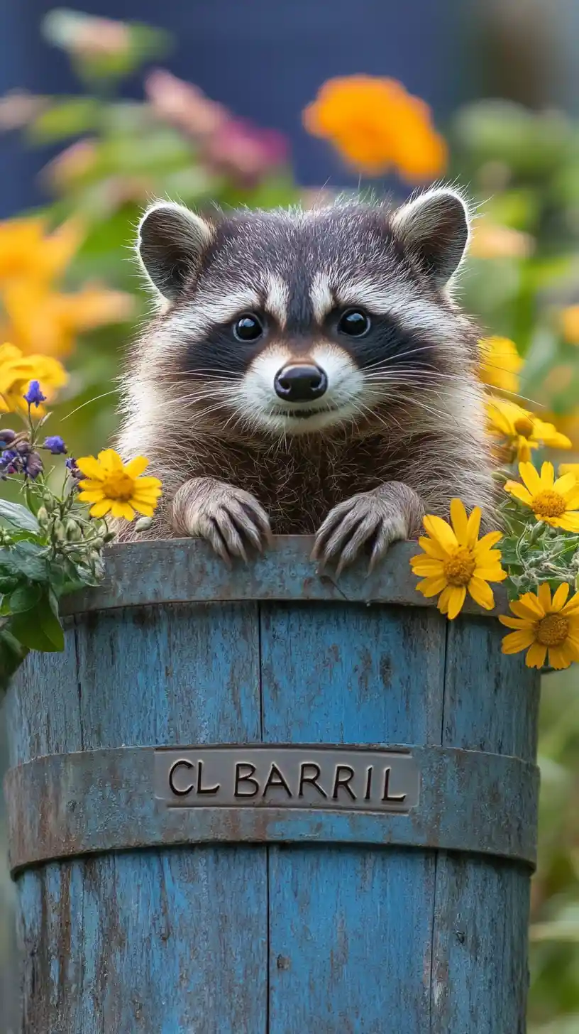 Smiling raccoon jumping from barrel before blue castle