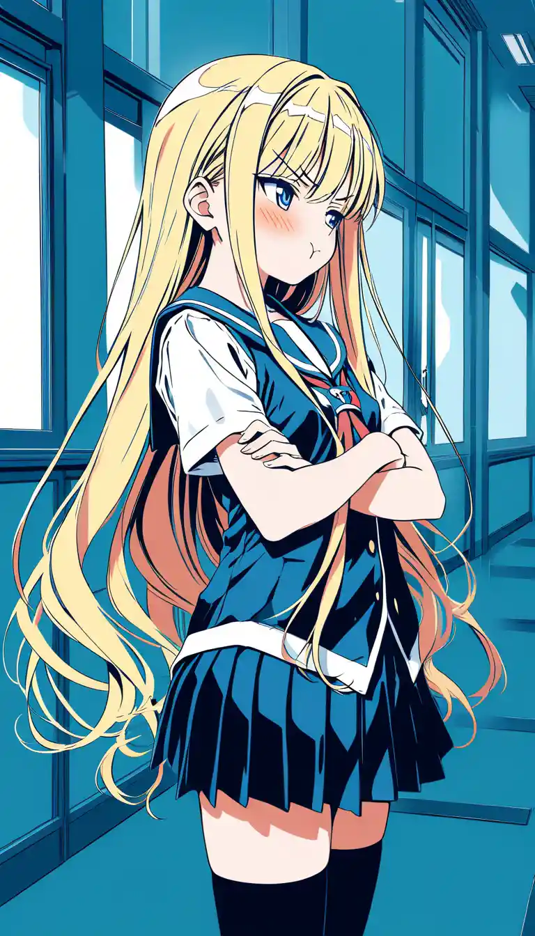 Scolara anime imbarazzata in uniforme in aula, vista laterale