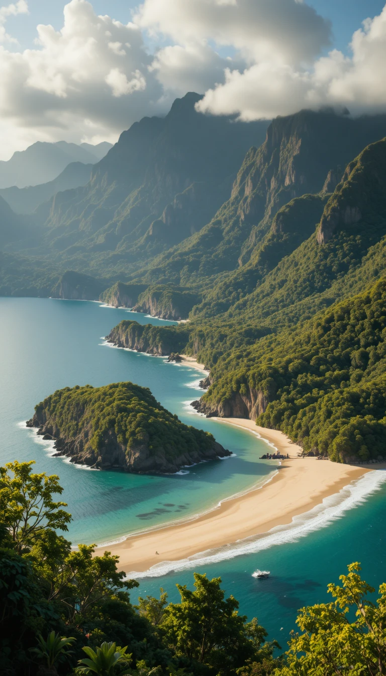 Tropical coastline with river delta and lush green mountains
