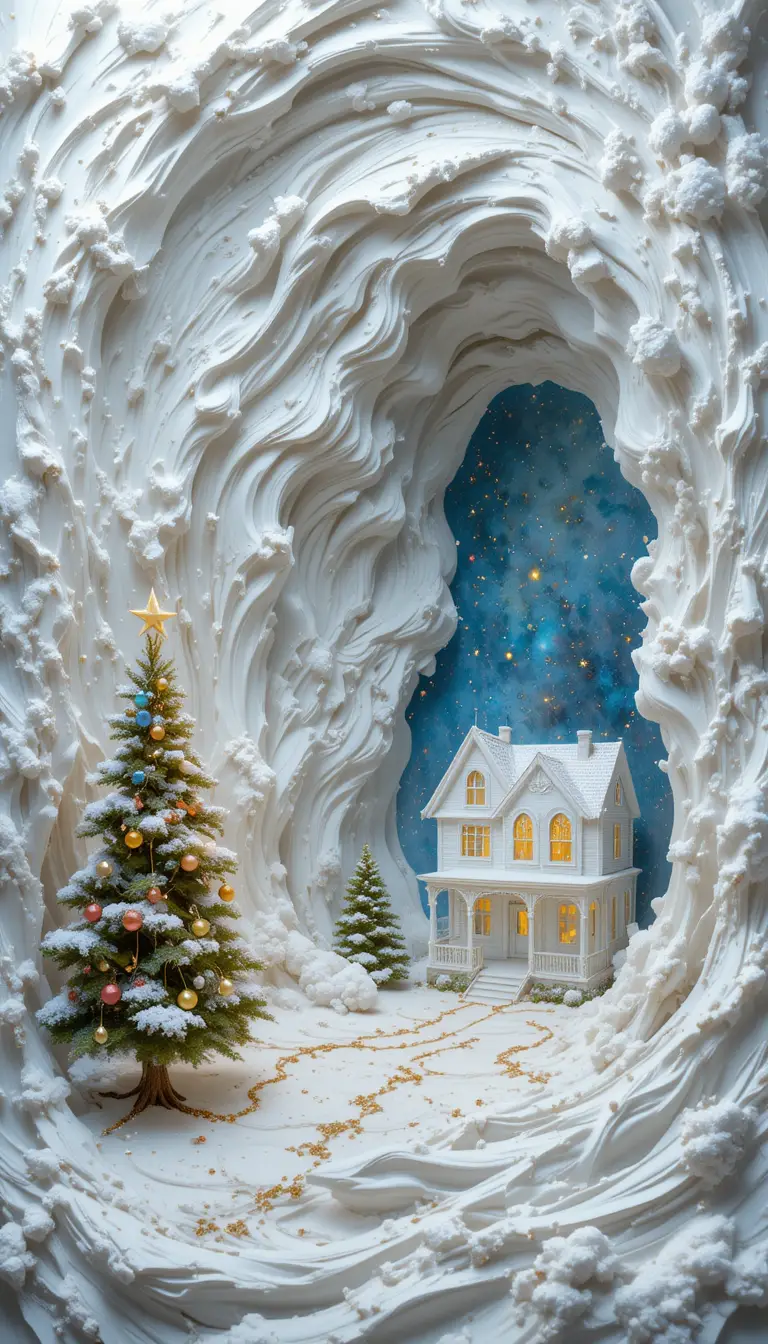 Remolino invernal 3D surreal con una pequeña casa victoriana luminosa
