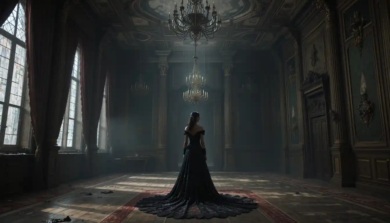 Lonely noblewoman in a decaying gothic ballroom