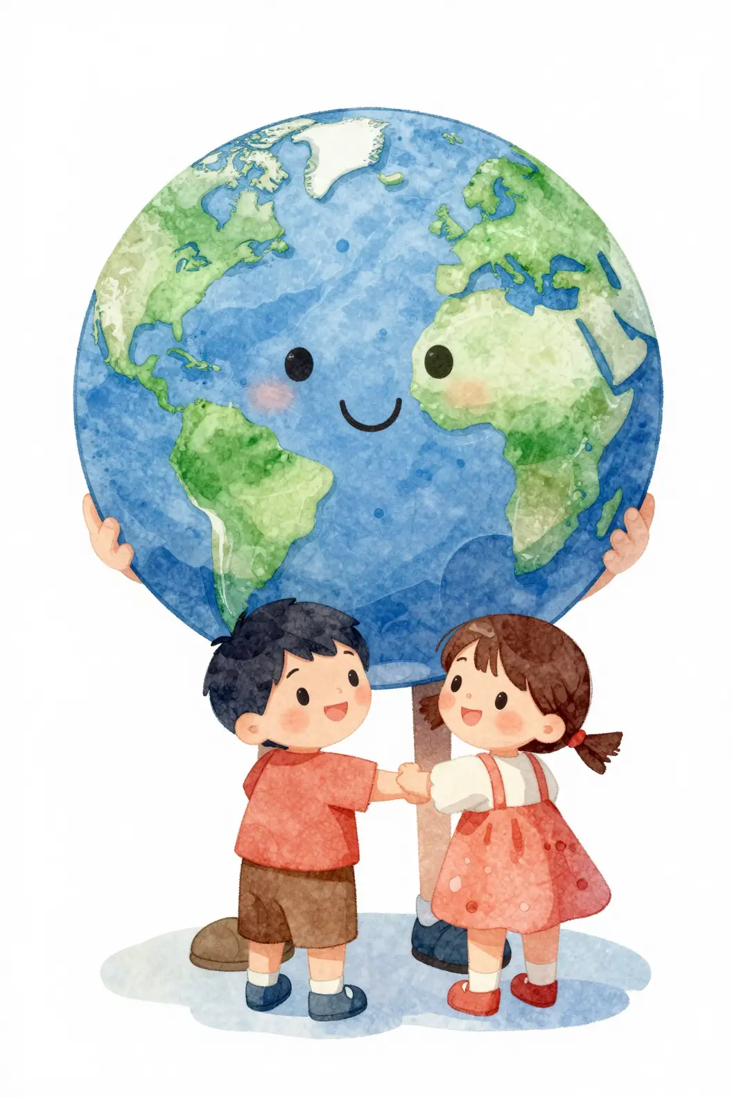 Watercolor earth character hugging a boy and a girl
