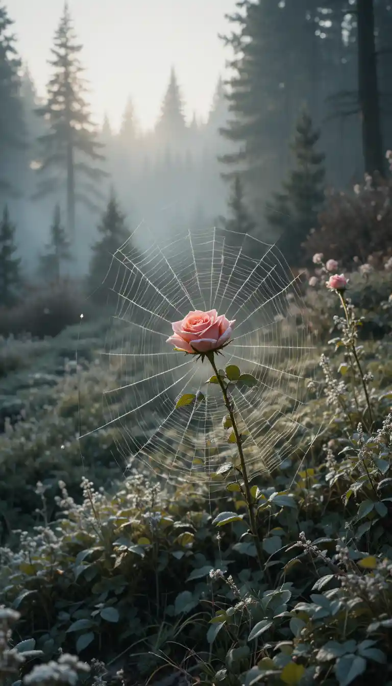 Rosa solitaria sobre una telaraña helada en la niebla de la mañana