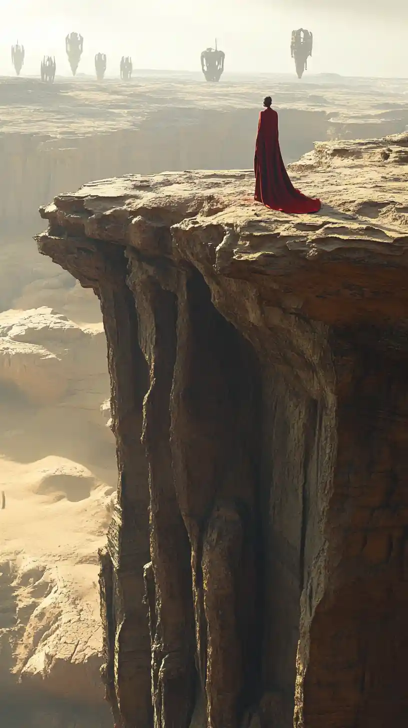 Femme en robe rouge sur une falaise face à des structures extraterrestres