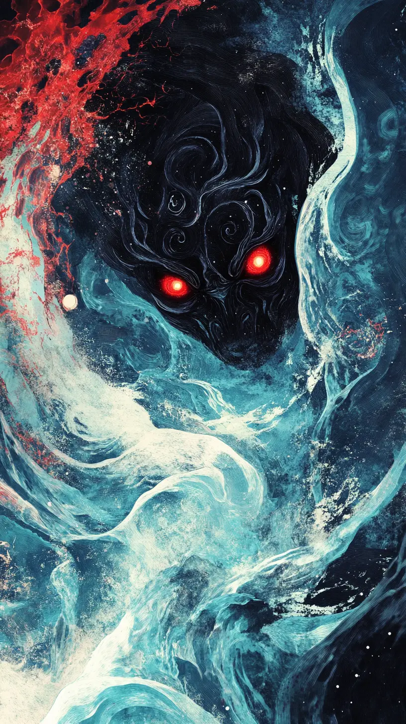 Primordial sea goddess battling rebellious gods in storm