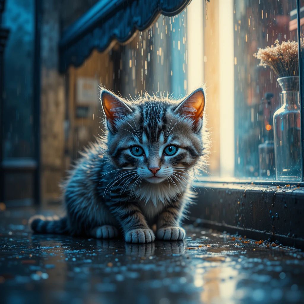 Lost kitten under a neon awning in the rain