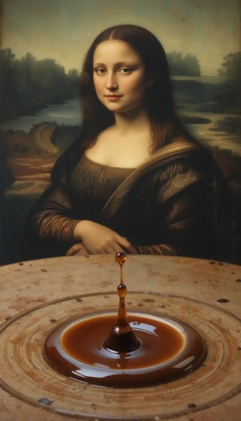 Top down view of flowing coffee forming a woman portrait