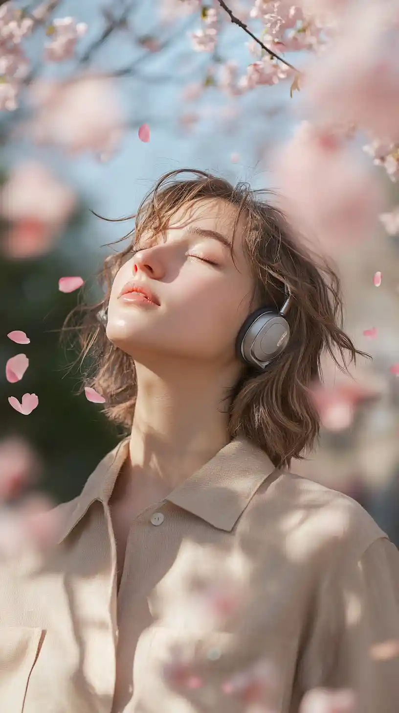 Young woman with headphones under cherry blossoms at beach