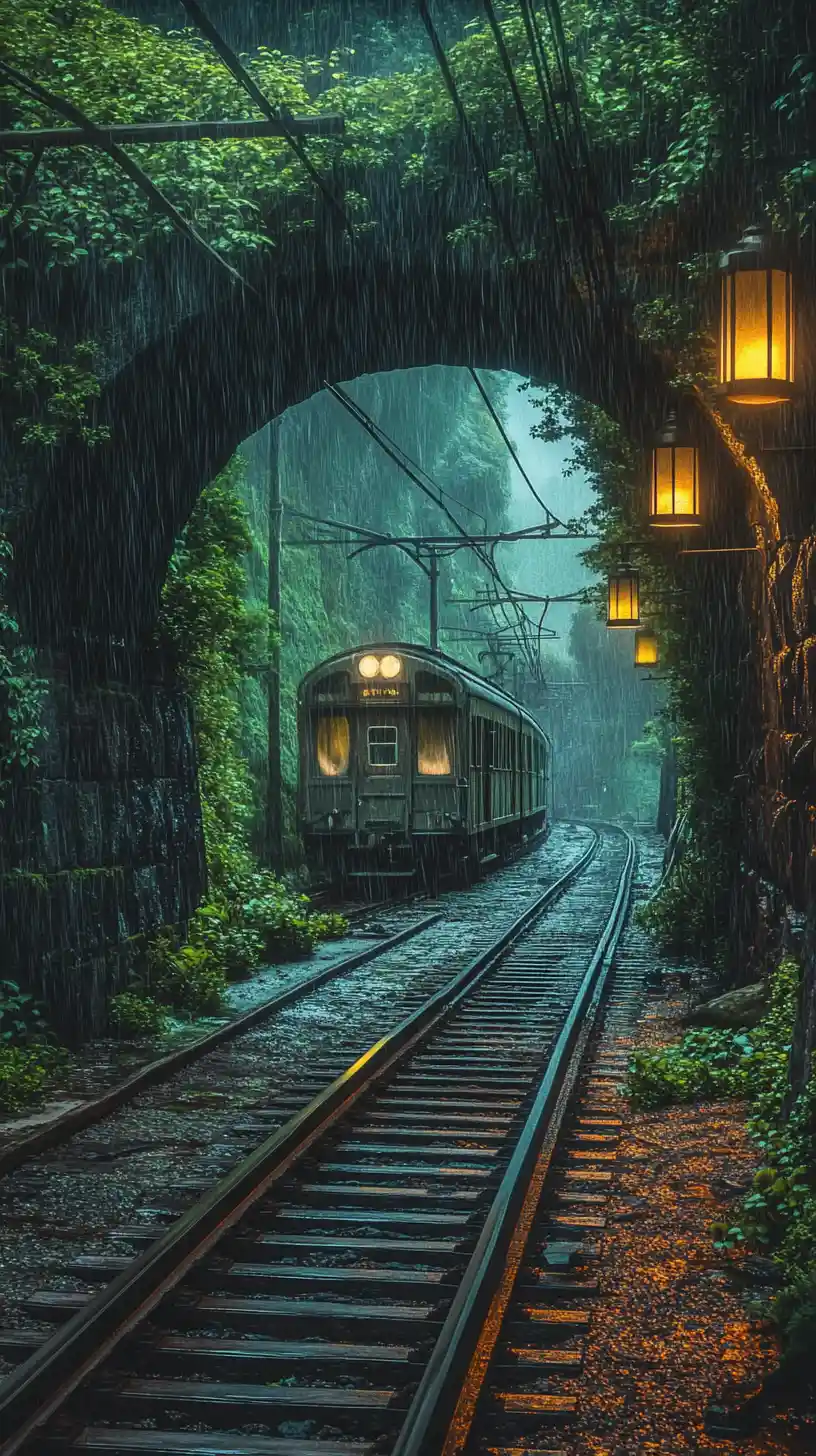 Old train emerging from rainy forest tunnel at night
