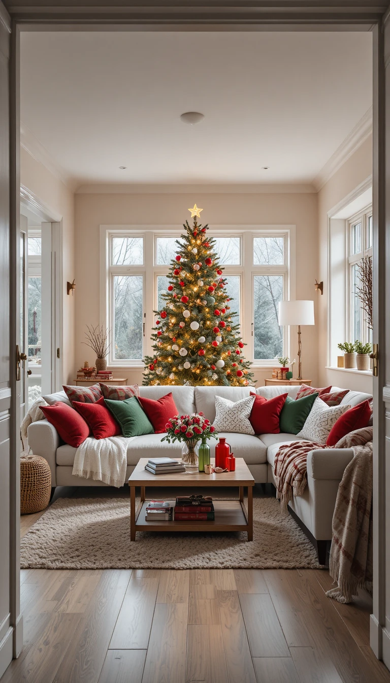Cozy modern living room decorated for Christmas at home