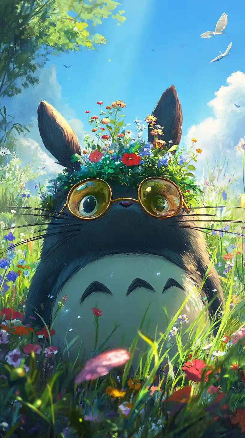 Cute fantasy creature with golden diamond glasses in garden