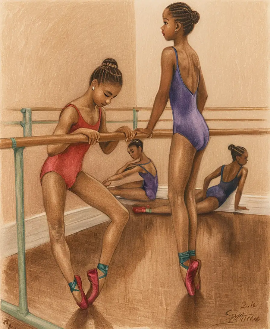 Three young ballerinas at the barre in a quiet studio