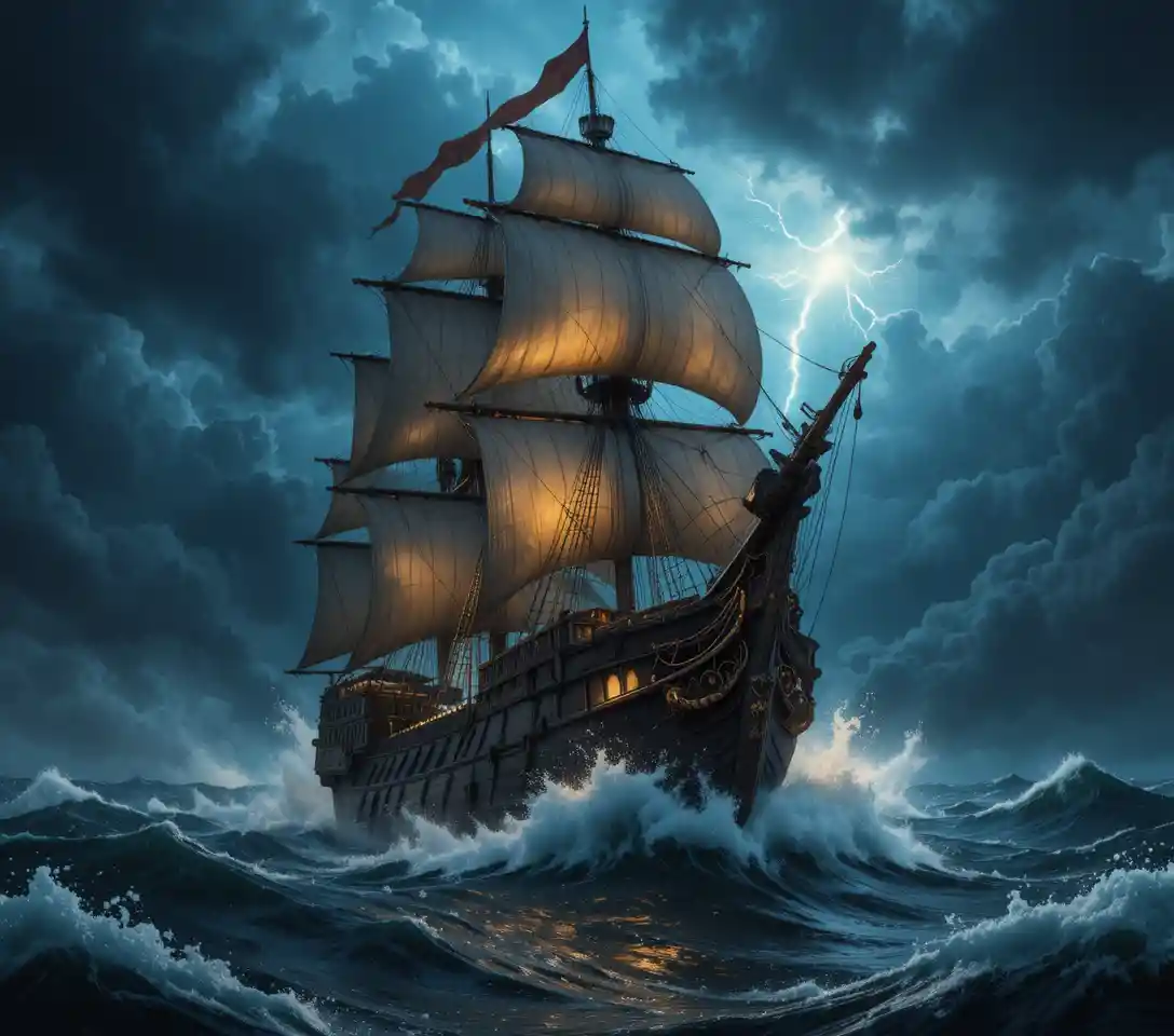 Galeão espanhol enfrentando oceano tempestuoso sob céu relampejante