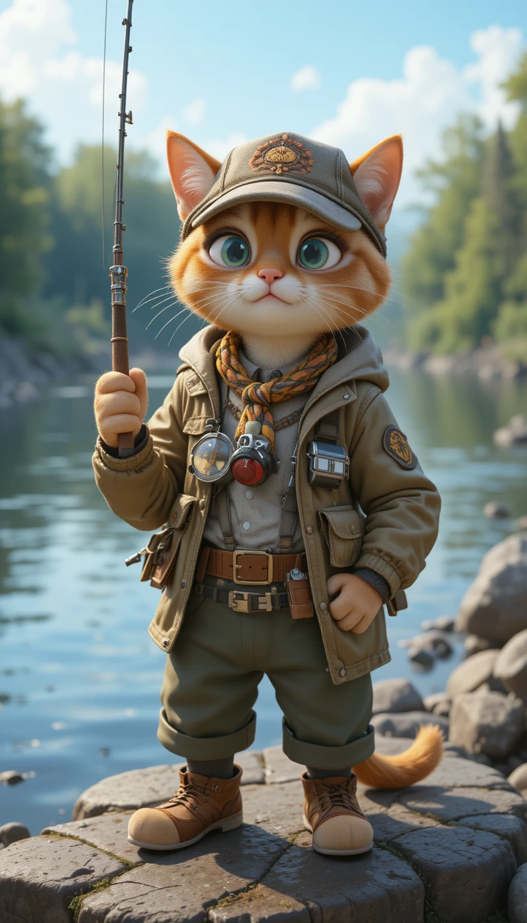 Cat fisherman relaxing on a riverbank in fishing gear
