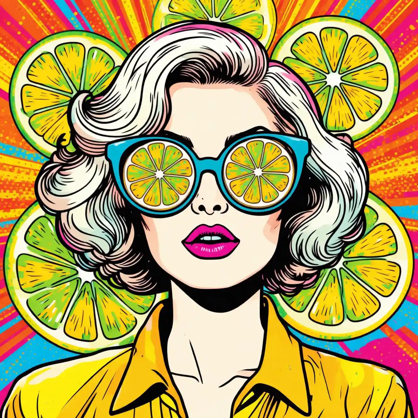 Stylish woman with lemon sunglasses in vibrant abstract art