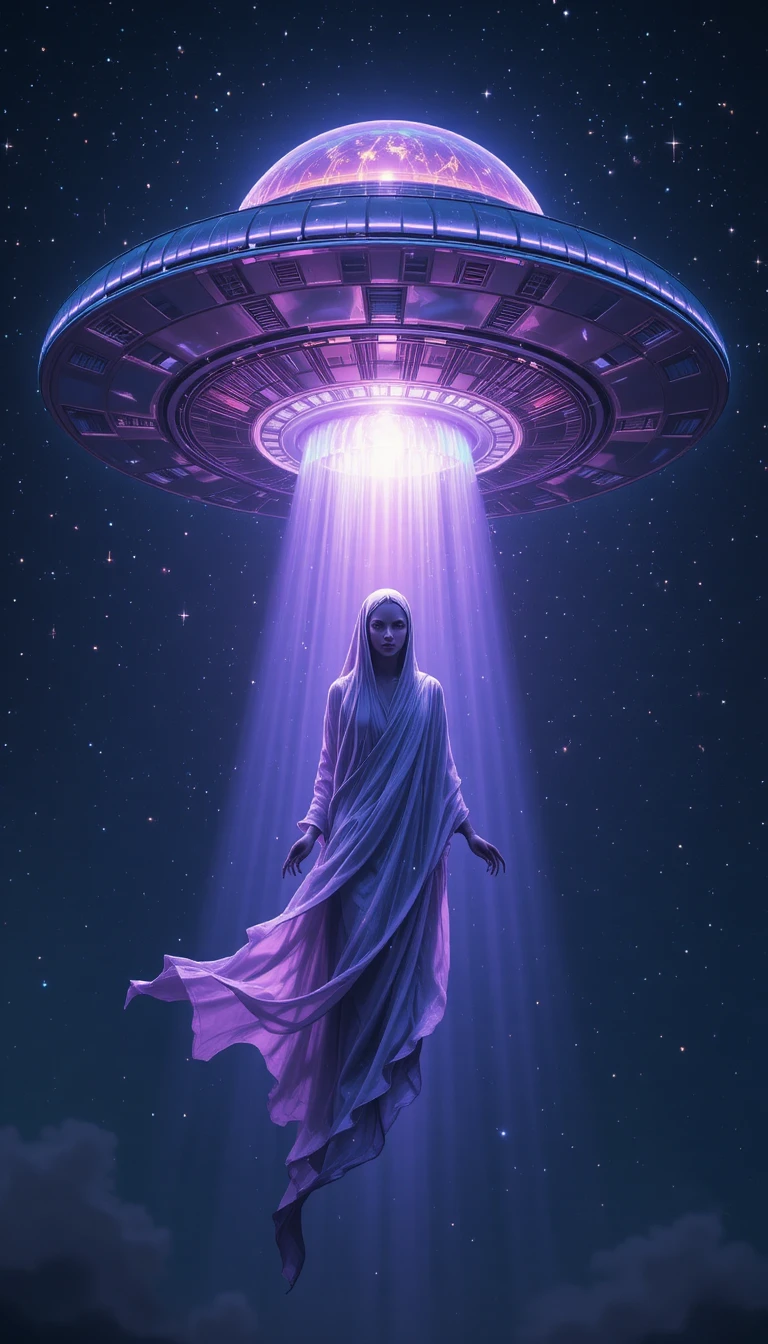 Glowing UFO Descending Over A Starry Night Sky