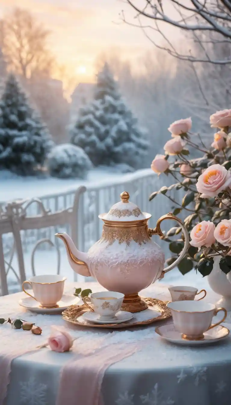 Tea table in a snowy winter garden at sunset