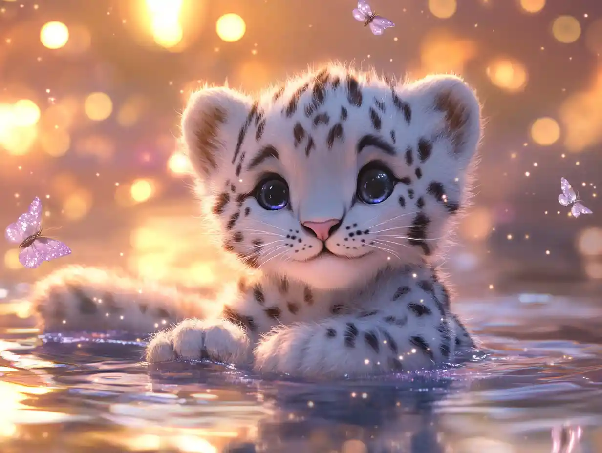 Magical baby snow leopard in a glowing reflective pool