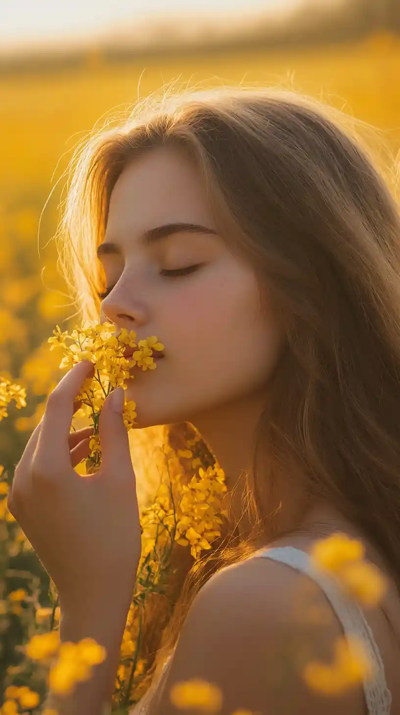Young woman smelling wildflowers in golden field