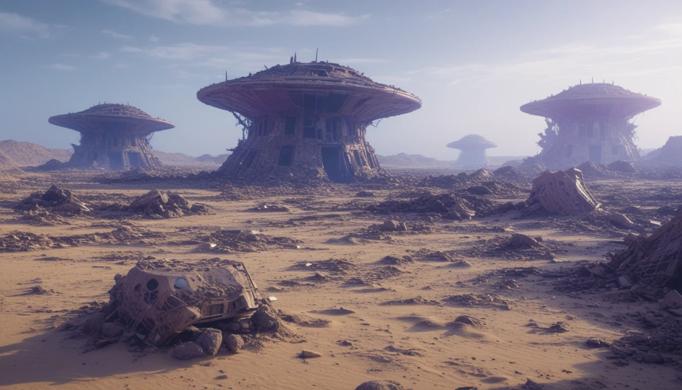 Rovine aliene nel deserto sotto un intenso cielo viola