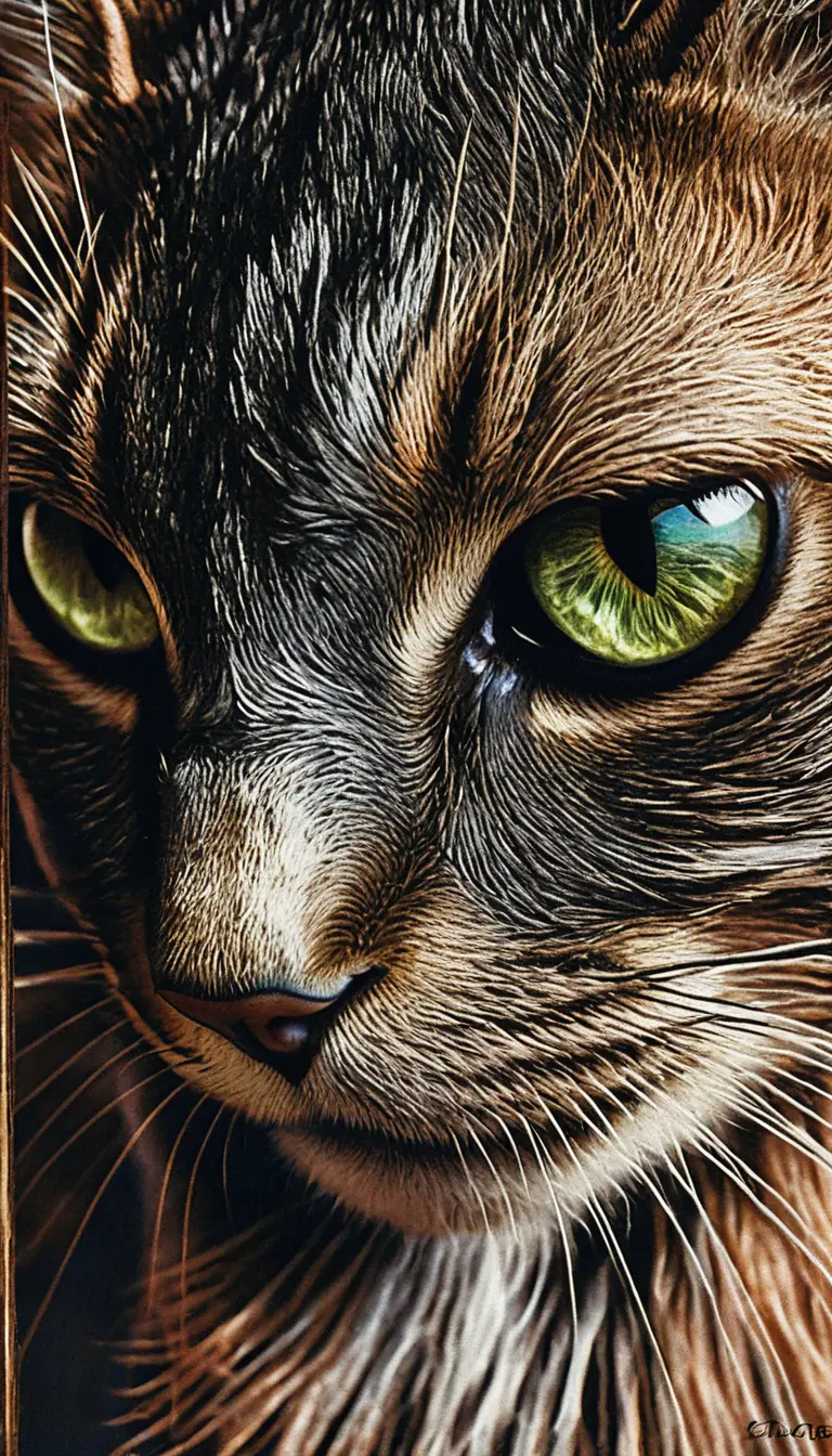 Scratchboard close up of a black cat face in profile