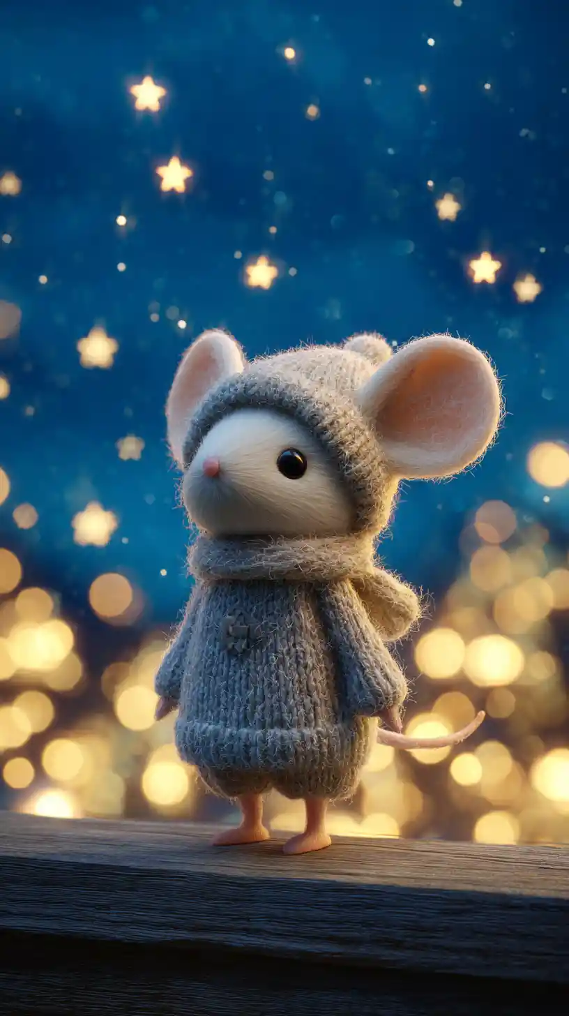 Cozy mouse in pajamas on a starlit bedroom windowsill