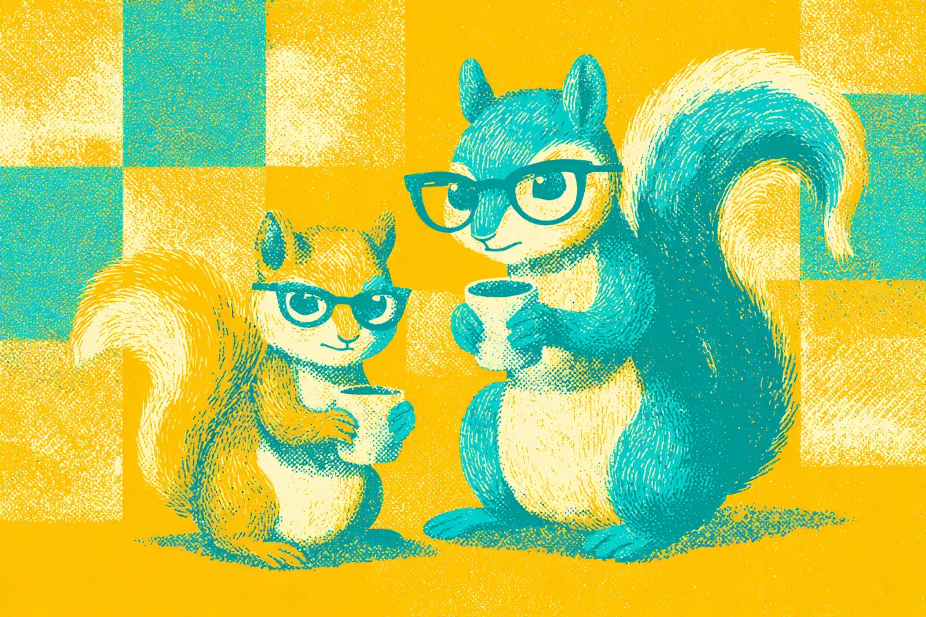 Cartoon squirrels sharing drinks in retro risograph style
