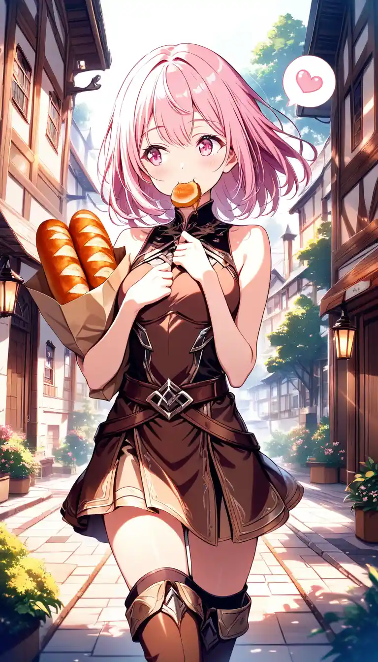 Pink haired fantasy girl eating sweet bread in village square