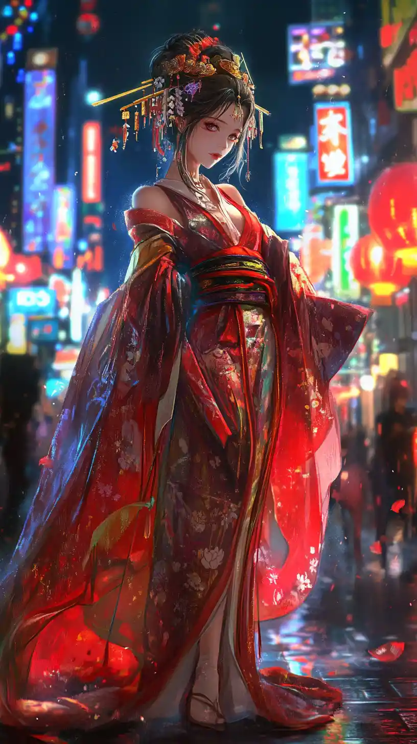 Mythical Japanese goddess rising in neon fantasy sky