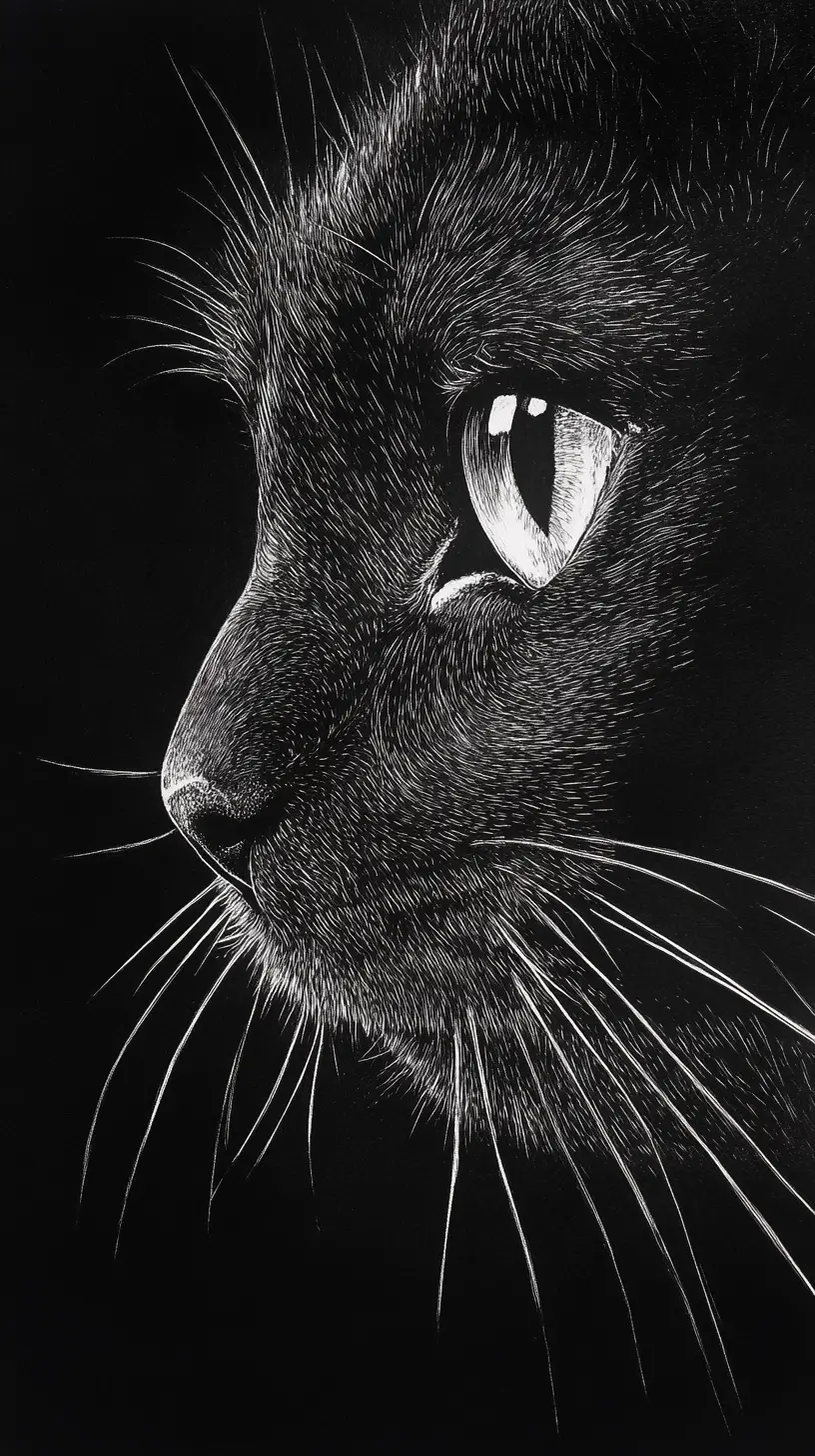 Extreme close up scratchboard portrait of a black cat