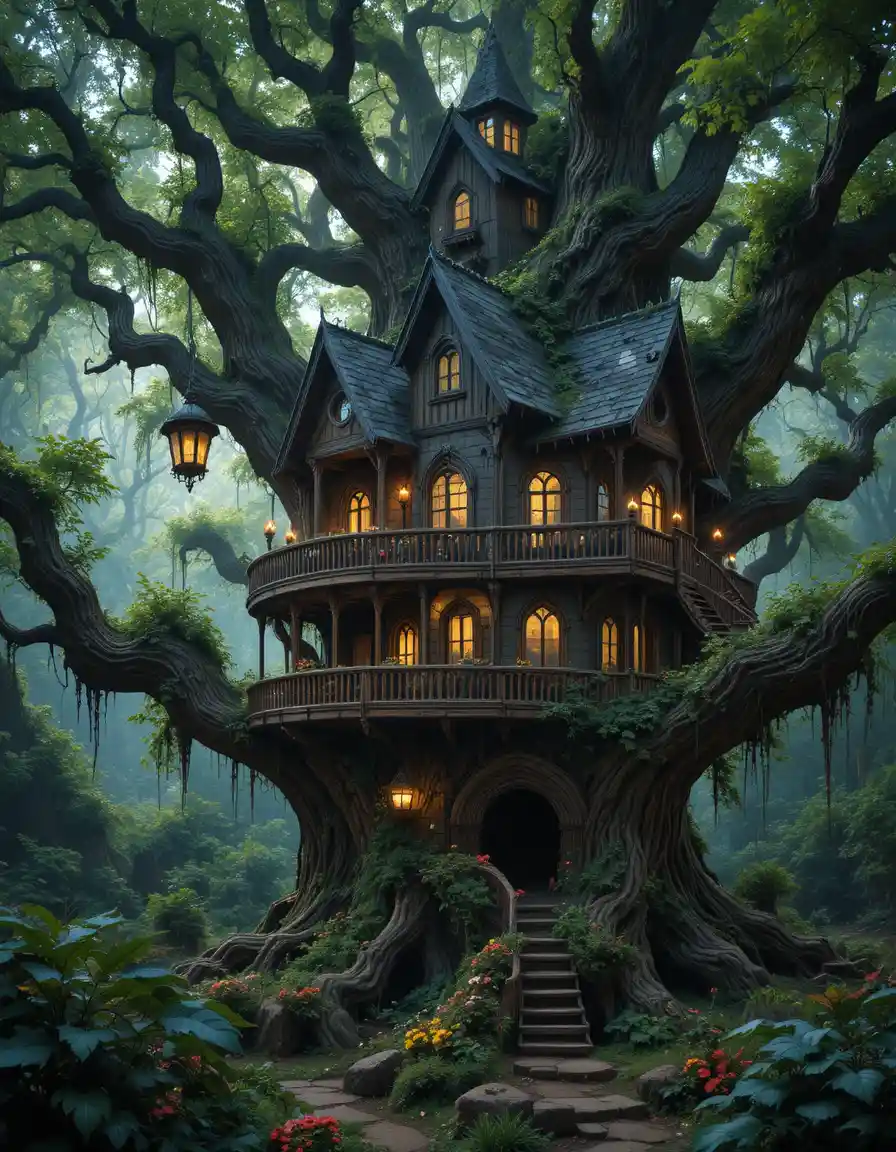 Gotischer Baumhaus-Traum, der im Kerzenlicht im üppigen Wald erstrahlt