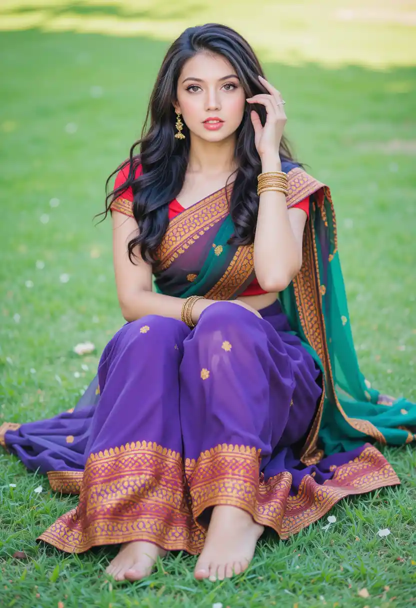 Young woman in saree sitting barefoot on green lawn