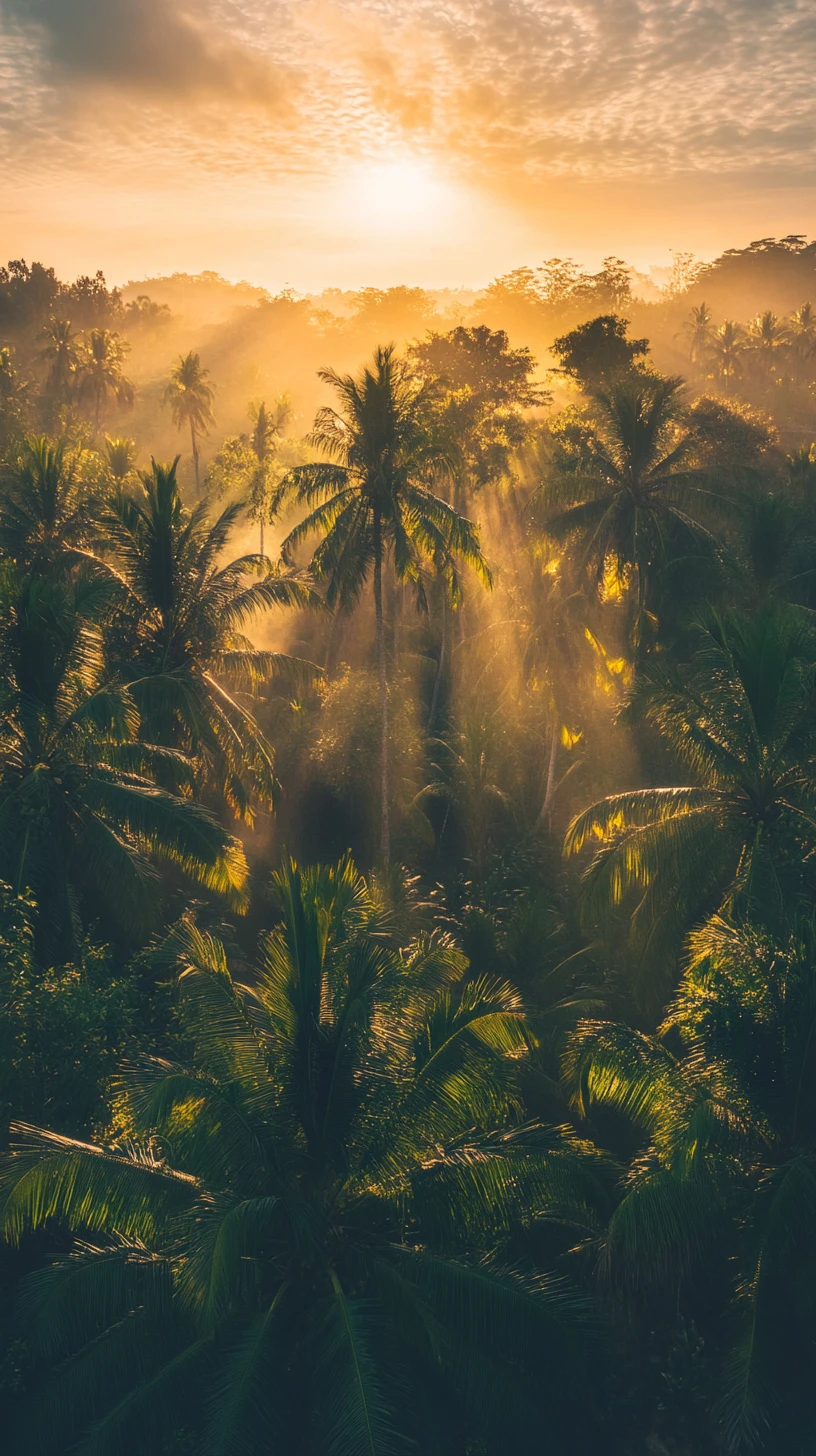 Luftaufnahme eines Tempels auf Bali bei leuchtendem Sonnenuntergang