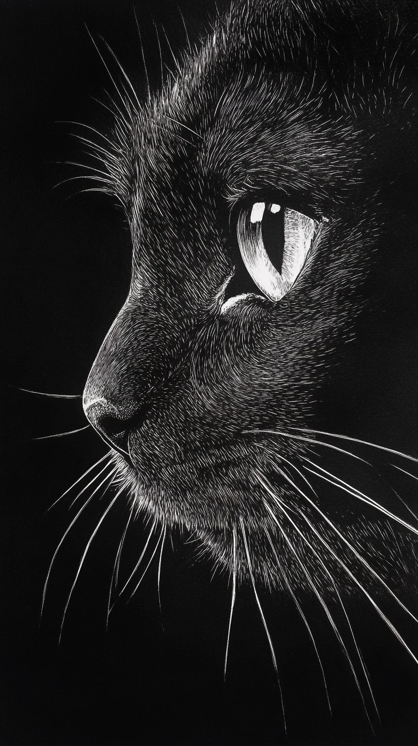 Extremes Nahaufnahme-Scratchboard-Porträt einer schwarzen Katze
