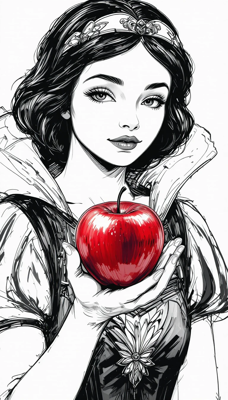 Close up line drawing of hands holding a red apple
