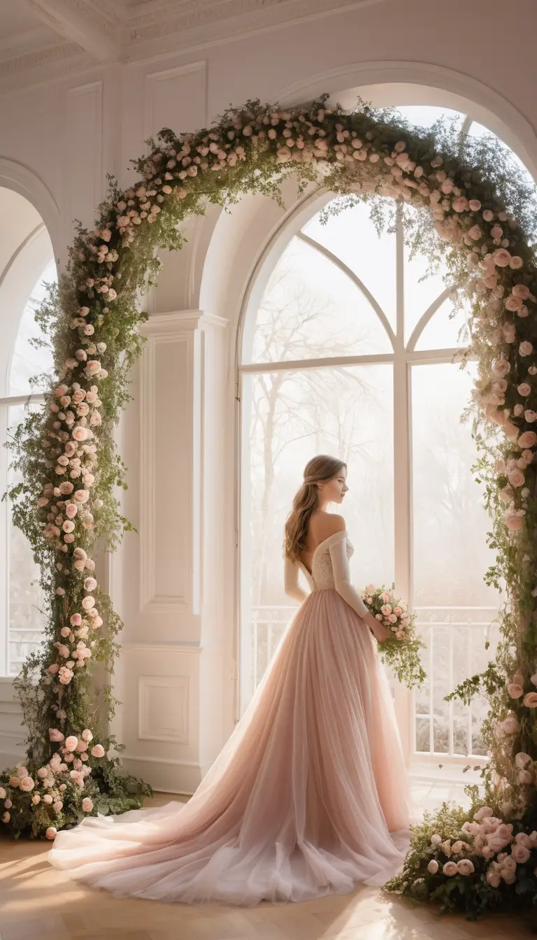 Romantic rose covered archway with sheer curtain and winter light