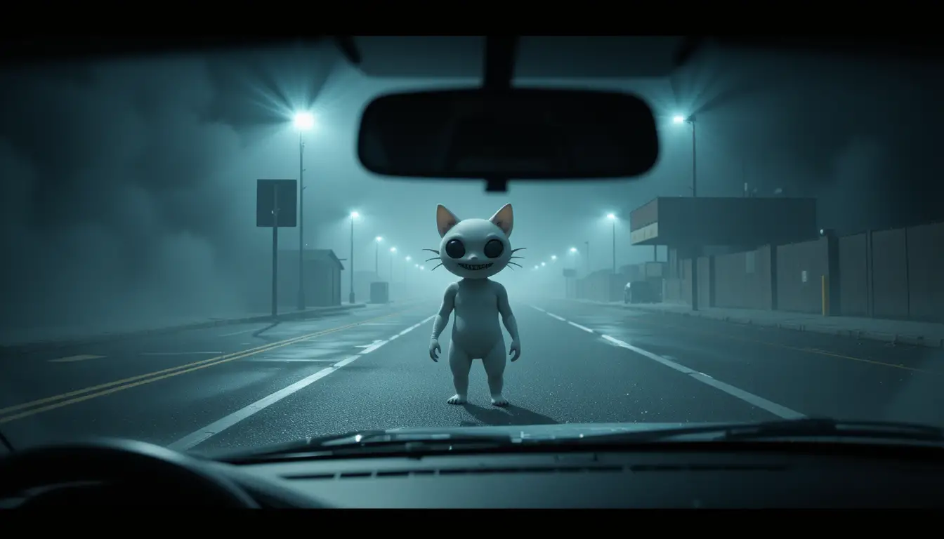 Driver view of eerie white 3D cat in foggy lot