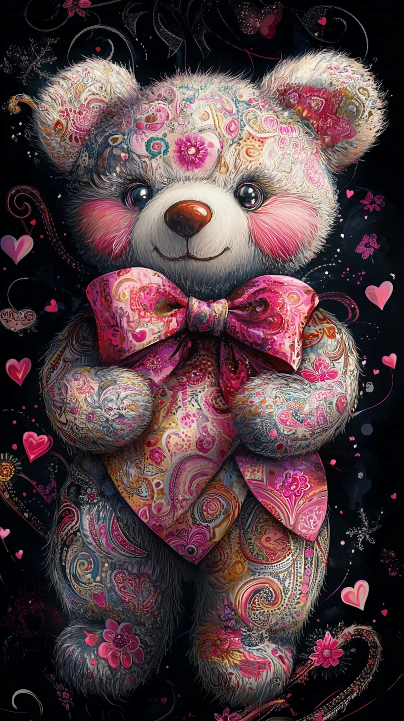 Majestätischer Valentinstags-Teddybär mit Paisley-Schleife auf schwarzem Hintergrund