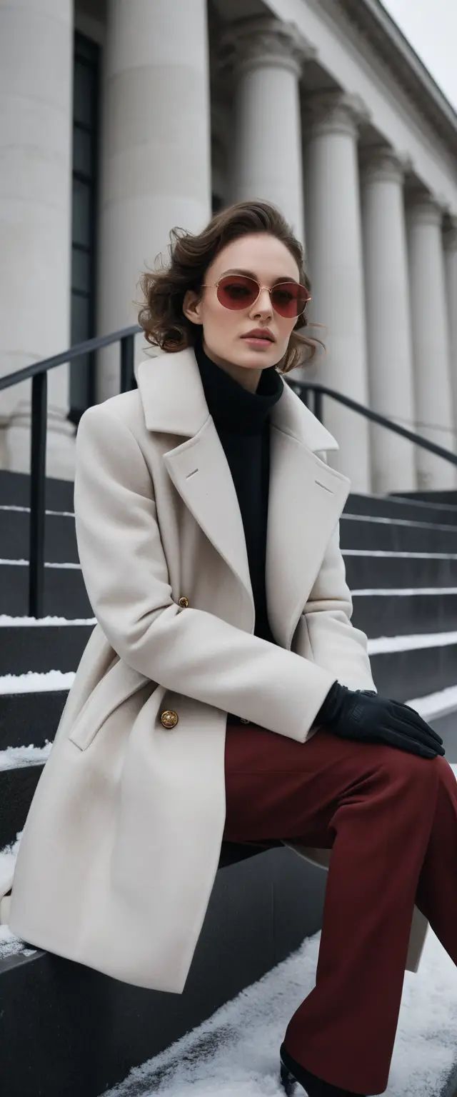 Elegante Frau in roter Hose auf modernen Winterstufen