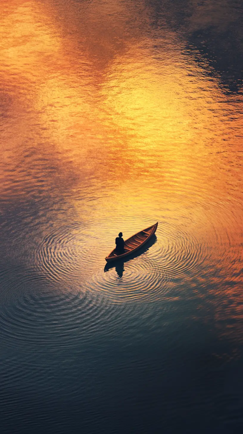 Person rowing a wooden boat on a calm sunset lake