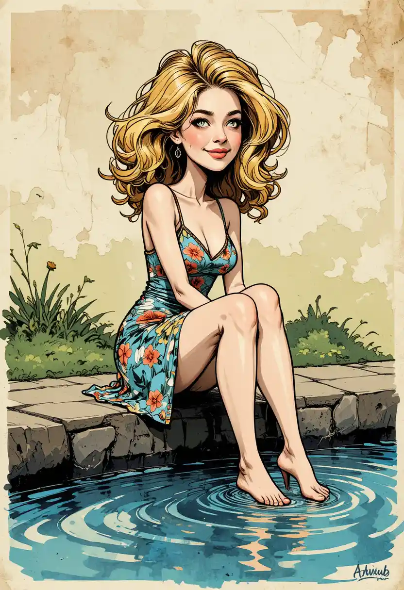 Caricature d’une femme au bord d’un étang, les orteils dans l’eau ondulante