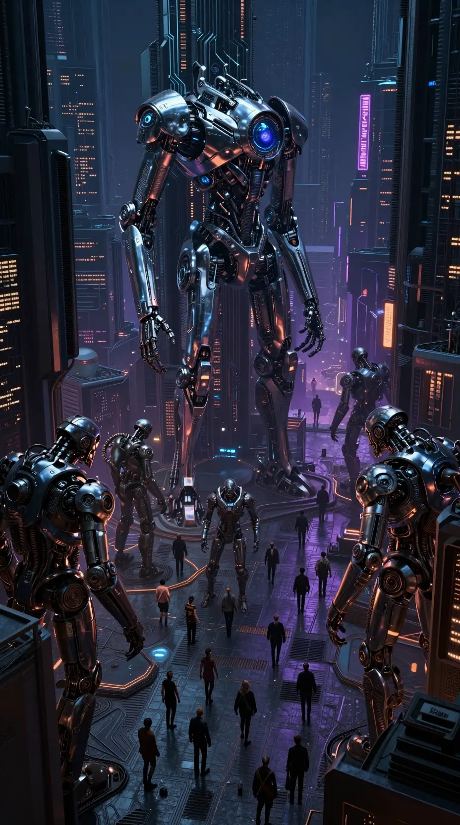 Towering robotic sentinels in a neon drenched dystopian city