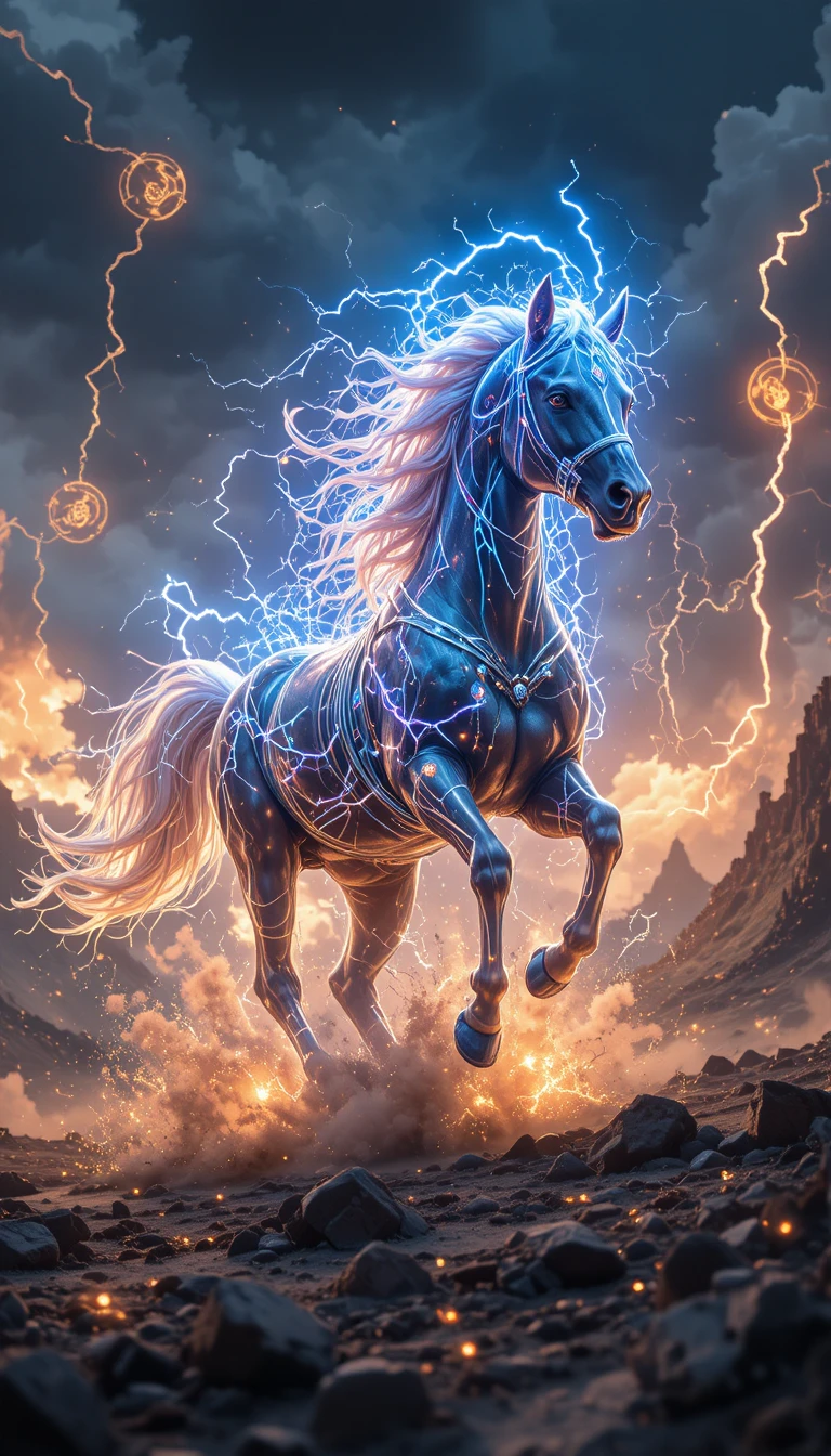 Majestätisches Pferd in einer elektrischen, symbolischen Landschaft