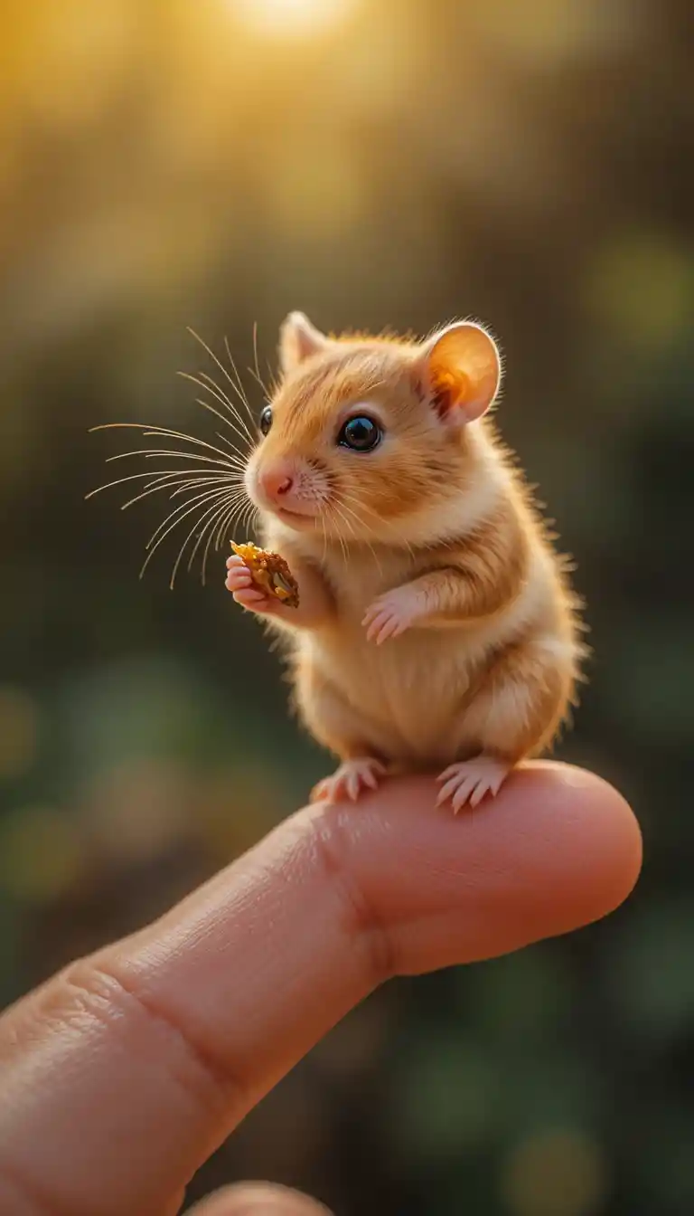 Tiny dwarf hamster balanced on a human pinky finger