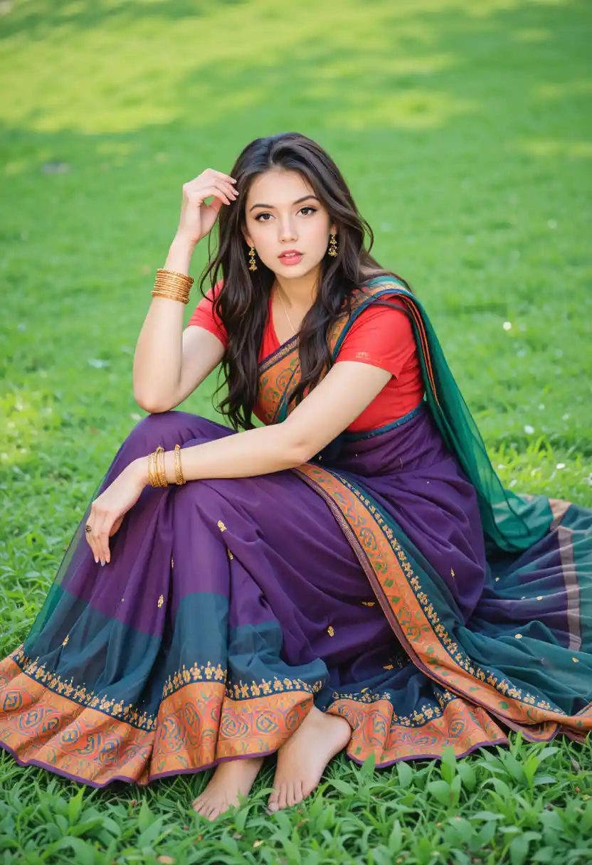 Young woman in colorful saree sitting on green lawn