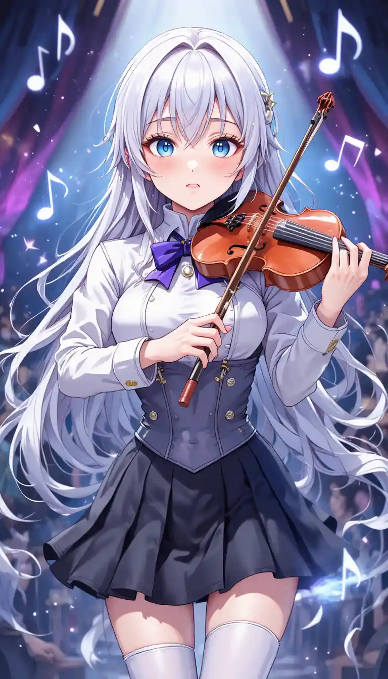 Anime girl playing violin with magical glowing music notes