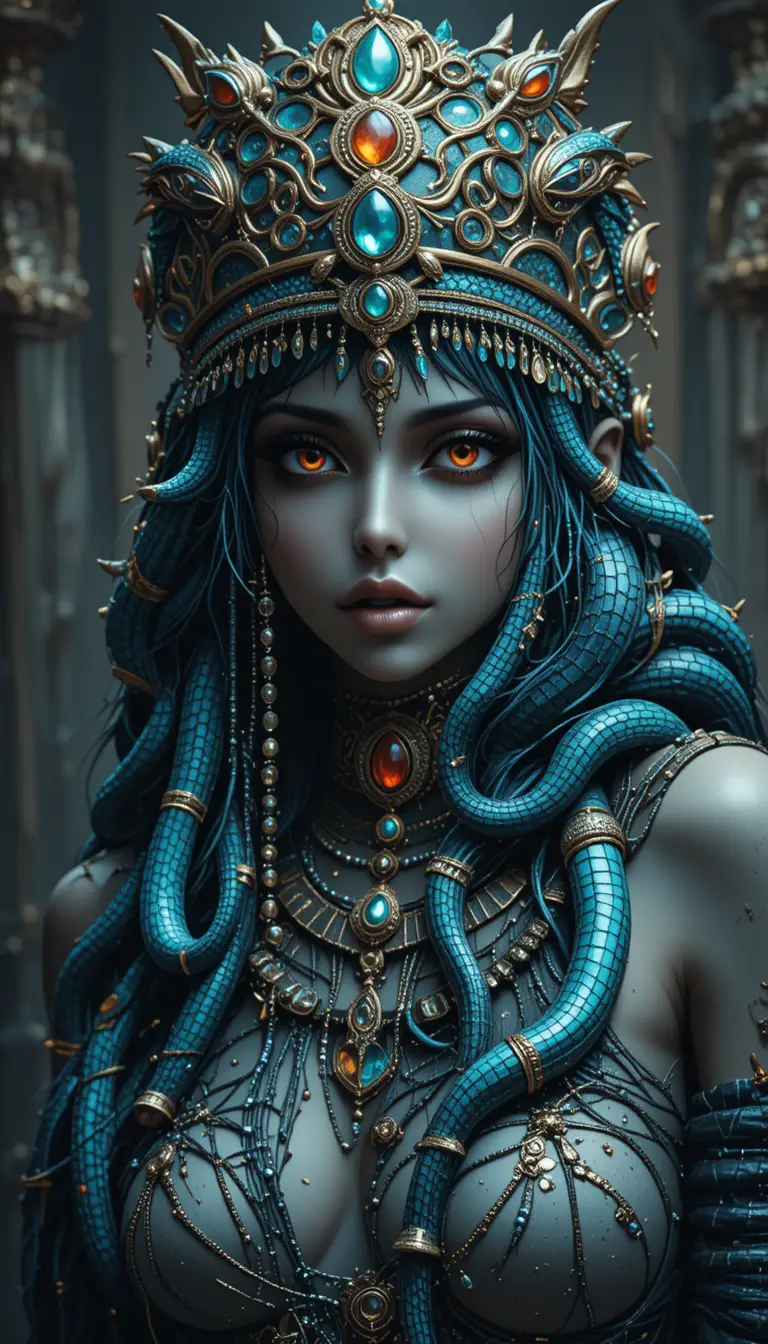 Undead gypsy pharaoh woman with writhing snakes and jewels