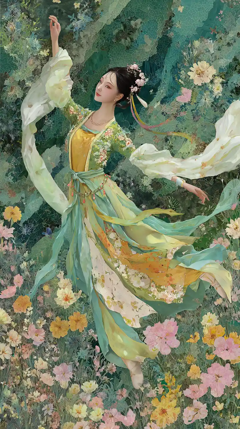 Woman dancing in pastel hanfu above a vast flower field