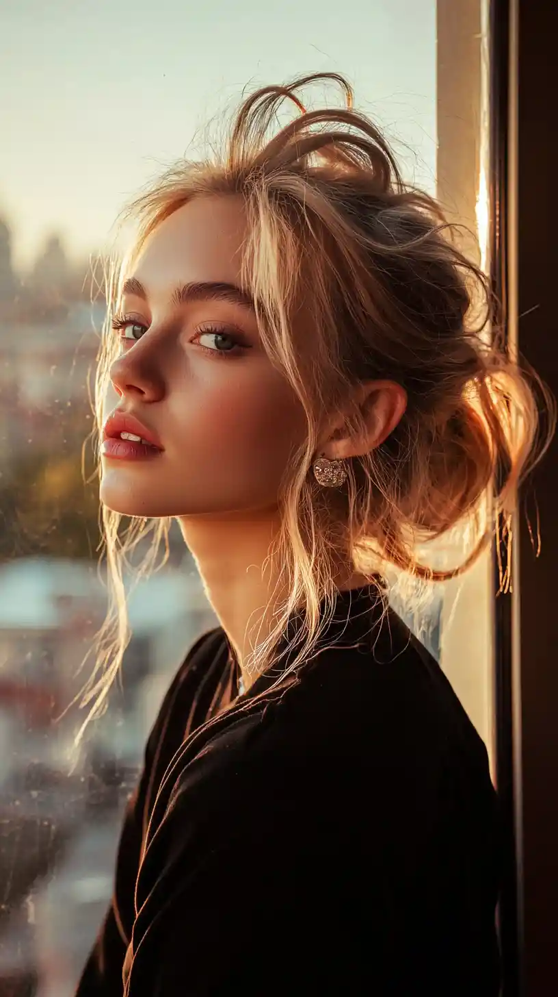 Elegant young woman in profile by a sunlit window