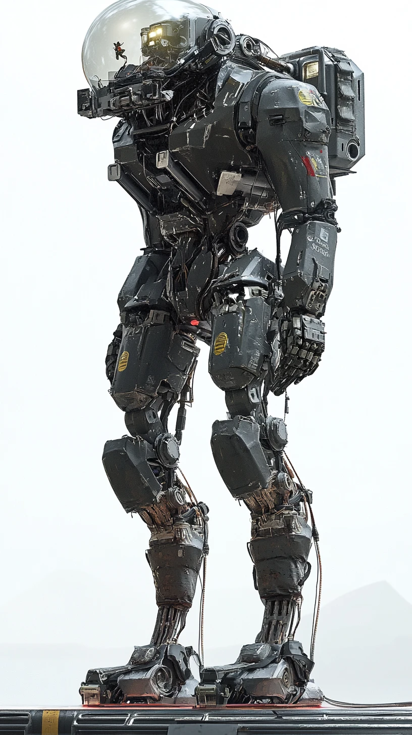 Futuristisches Mech-Exoskelett auf einer industriellen Sci-Fi-Plattform